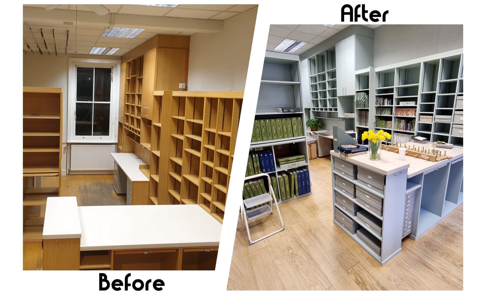 Before-and-after collage of built-in joinery repainted in a muted blue-grey cabinetry finish.