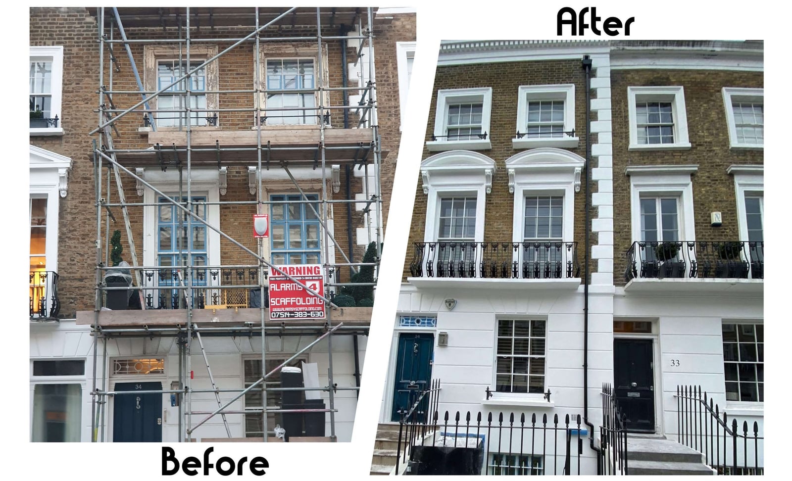 Before-and-after collage of a London townhouse facade repainted with crisp white detailing.